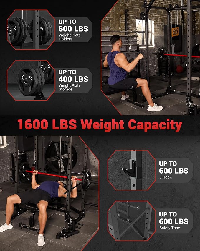 Garvee Power Cage with Cable Crossover System, Power Rack for Home Gym | 1600 Lb Capacity, Carbon Steel Squat Machine with LAT Pulldown Pulley System, J-Hooks, Dip Handles, Landmine Attachment