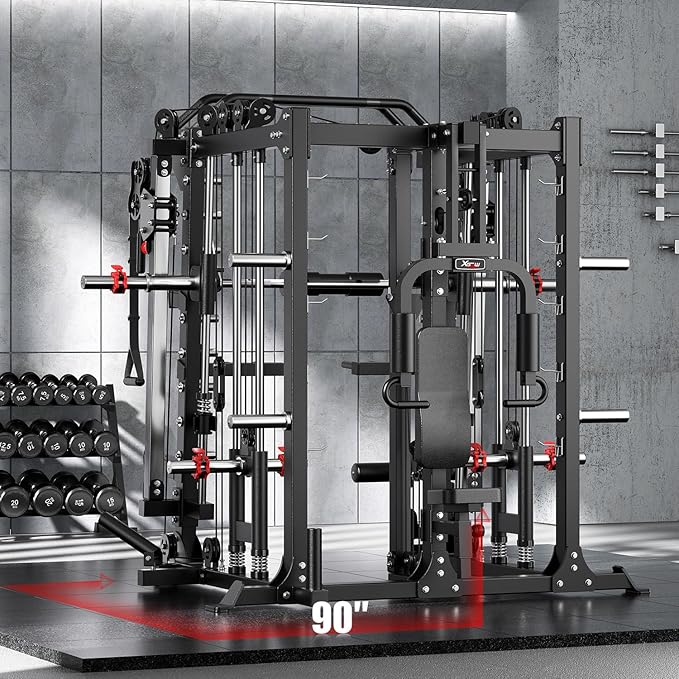 Smith Machine，Multi-Function Squat Rack Power Cage with Cable Crossover System,with Optional Weight Bench, Olympic Barbell Weight Set, for Home Gym