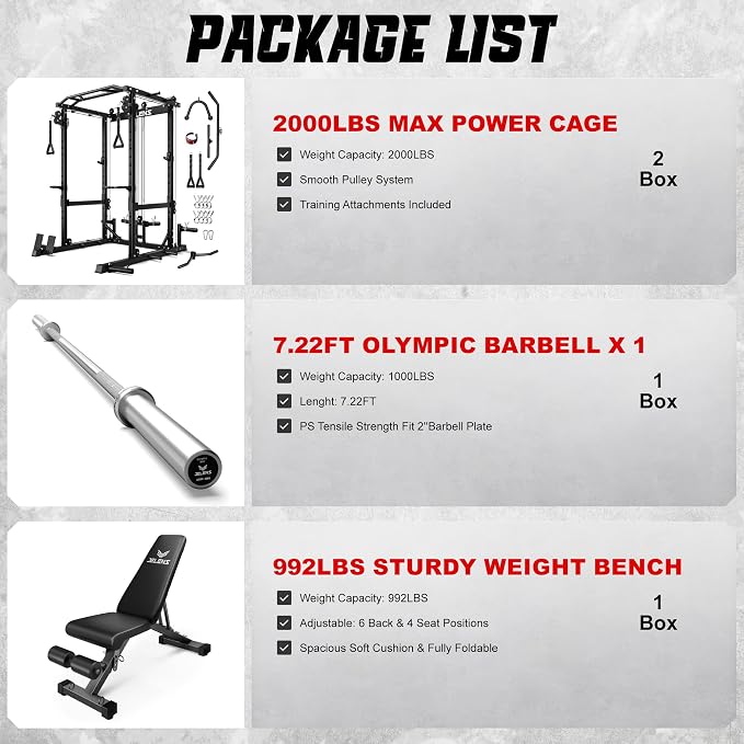 JELENS C12 Power Rack, 2000LBS Squat Rack with Cable Crossover System, Workout Cage with More Training Attachments for Home Gym