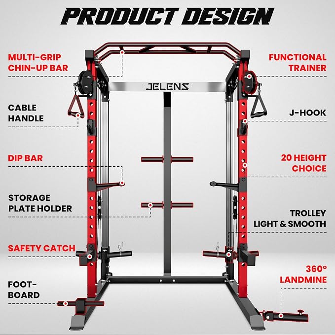 JELENS C21 Power Cage, 2000LBS Multi-Function Power Rack with Independent Dual Pulley System, All-in-One Squat Rack for Cable Crossover, Home Gym Workout Machine