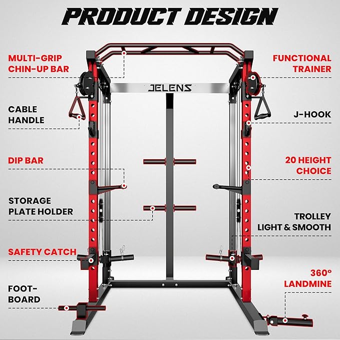 JELENS C21 Power Cage, 2000LBS Multi-Function Power Rack with Independent Dual Pulley System, All-in-One Squat Rack for Cable Crossover, Home Gym Workout Machine