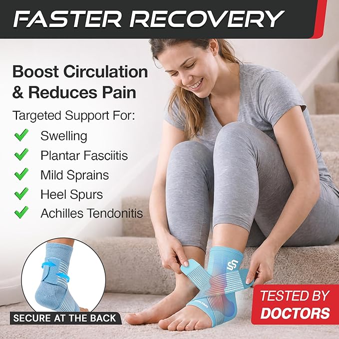 Sleeve Stars Ankle Brace for Women & Men, Ankle Wrap for Sprain, Compression Sleeve for Plantar Fasciitis Relief, Easy Customizable Support: w/ Removable Strap (Single/M:10"-12"/Light Blue)