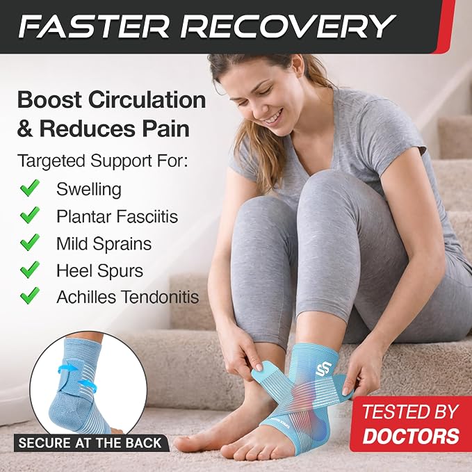 Sleeve Stars Ankle Brace for Women & Men, Ankle Wrap for Sprain, Compression Sleeve for Plantar Fasciitis Relief, Easy Customizable Support: w/ Removable Strap (Pair/M:10"-12"/Light Blue)