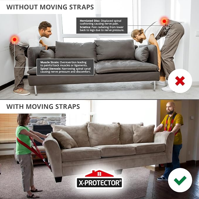 X-Protector Moving Straps - 2 Pairs - Red Lifting Straps for 2 Movers | Move Furniture Easily and Safely - Perfect for Lifting and Moving Heavy Objects! (Standard, Red)