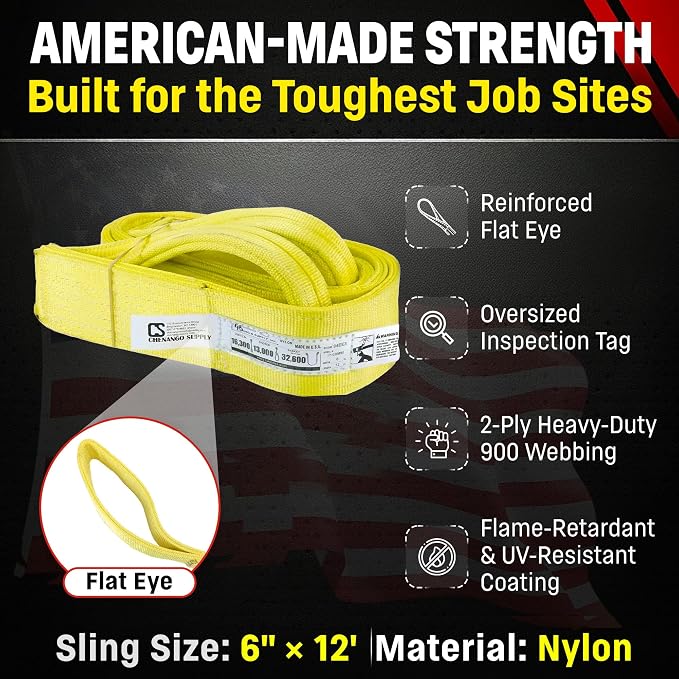 DD Sling 6 Inch x 12 Foot Nylon Lifting Sling – USA Made, 16,300 lb Vertical, 13,000 lb Choker, 32,600 lb Basket – 2-Ply Heavy Duty 900 Webbing, Type 3 Flat Eye & Eye Rigging Sling