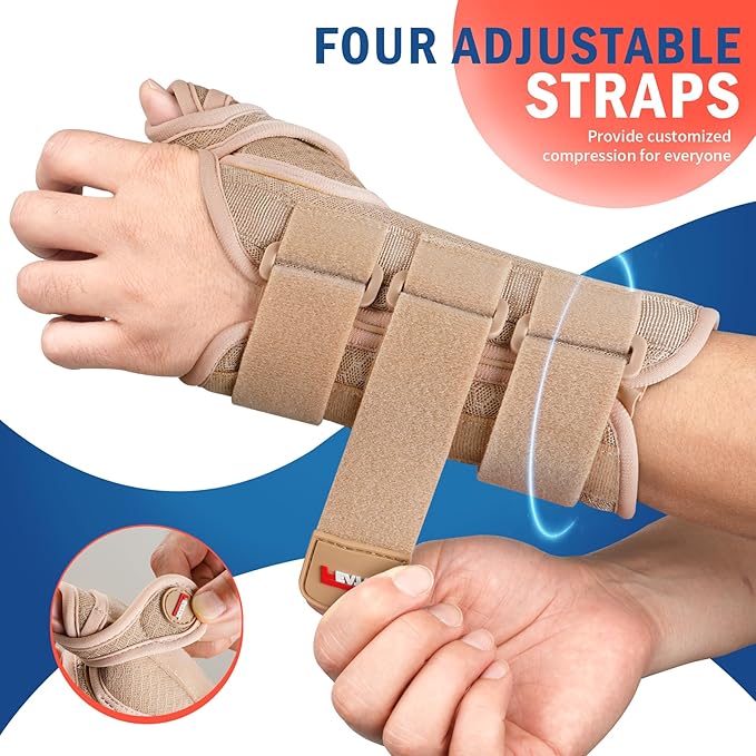 FEATOL Carpal Tunnel Wrist Brace Night Support, Thumb Spica Splint Right Hand for De Quervains Tenosynovitis, Tendonitis, Thumb Brace for Women Men, Beige, Medium/Large