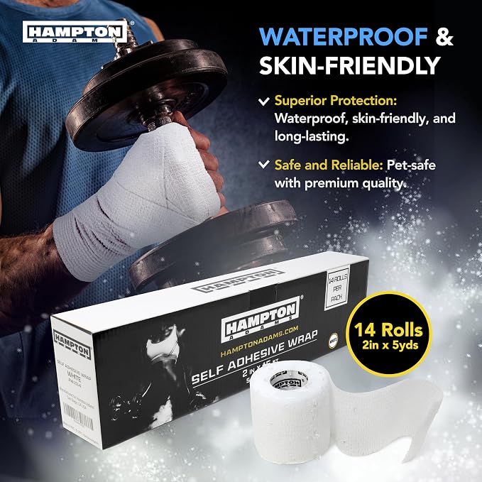 Hampton Adams | As Seen on Shark Tank | Self Adhesive Bandage Wrap (14-Pack) | 15ft | Pet Safe | Breathable Athletic Elastic Cohesive Bandage for Sports Injury Ankle Knee Wrist sprains (White)