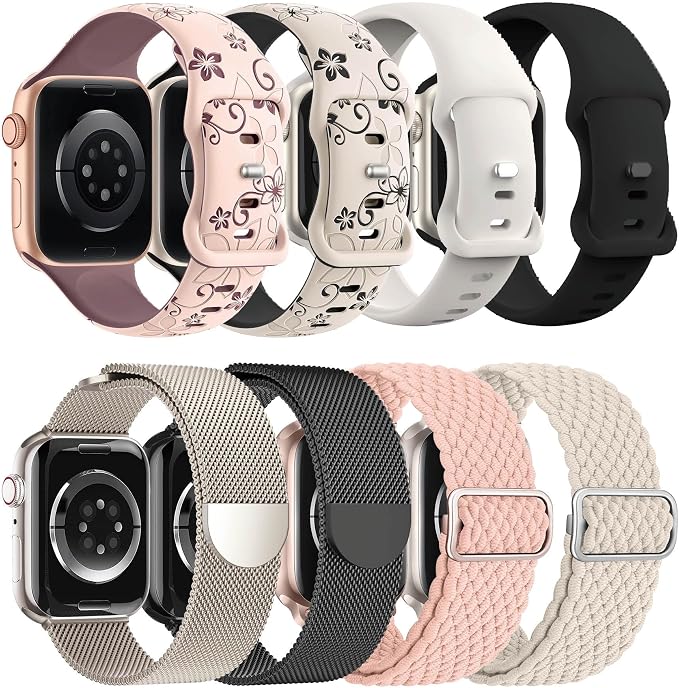 8 Pack Compatible with Apple Watch Ultra 3/2 Band 49mm 46mm 45mm 44mm 42mm Men Women,Engraved Flower Silicone+Sport Band+Milanese Loop+Braided Nylon for iWatch Ultra 3/2/1Series 11/10/9/8/7/6/SE/5/4/3