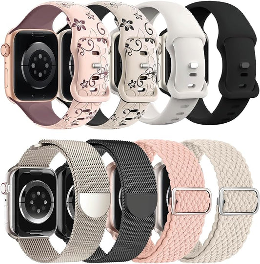 8 Pack Compatible with Apple Watch Ultra 3/2 Band 49mm 46mm 45mm 44mm 42mm Men Women,Engraved Flower Silicone+Sport Band+Milanese Loop+Braided Nylon for iWatch Ultra 3/2/1Series 11/10/9/8/7/6/SE/5/4/3