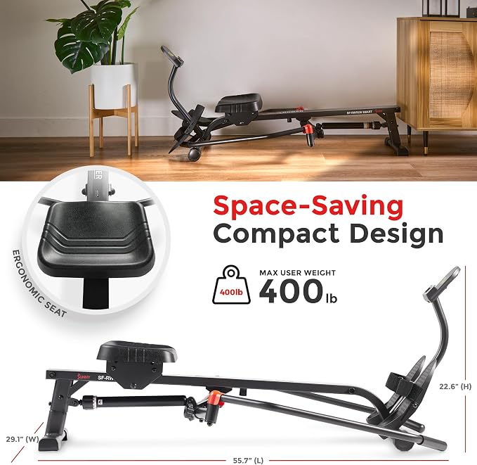 Sunny Health & Fitness Smart Full Motion Rower | 12 Resistance Levels, Dual-Arm Design, SunnyFit App Connectivity, 400 LB Capacity, Optional Back-Assist Core Trainer