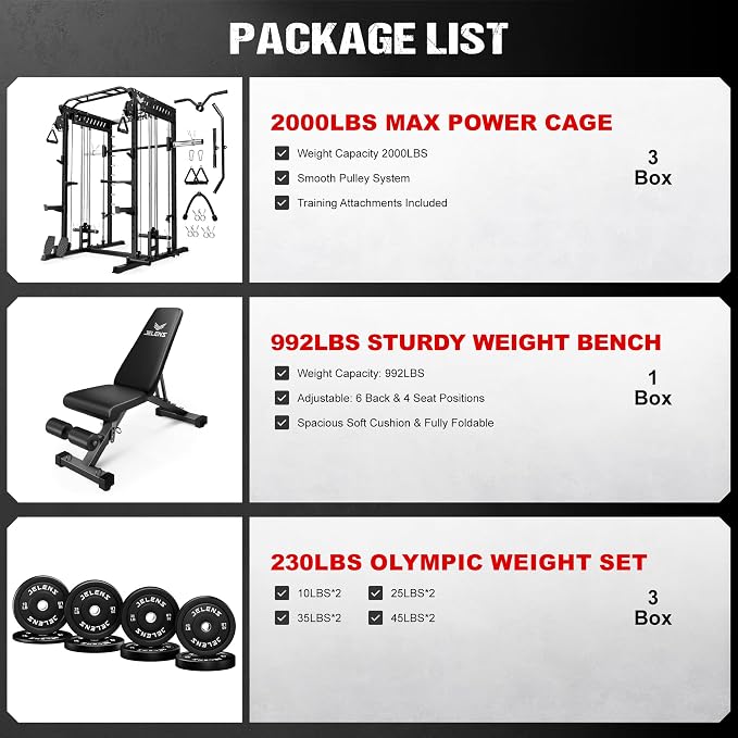 JELENS M21 Smith Machine, Multi-Function Power Cage with Dual Pulley Cable Crossover System, 2000LBS All-in-One Squat Rack with Smith Bar and Attachments for Home Gym