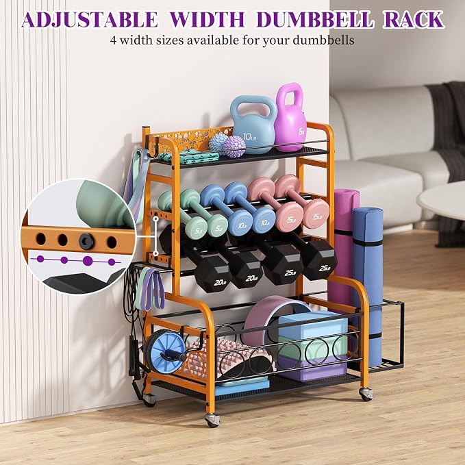 VOPEAK 3-Tier Dumbbell Rack with Wheels, Weight Rack for Home Gym Storage | Stores dumbbells, kettlebells & yoga mats. Lockable wheels for mobility. Sturdy steel frame, easy 15-min assembly