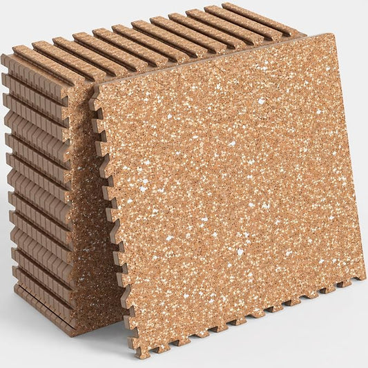 48 Sq Ft Rubber Top Gym Flooring for Home Gym, Wood Grain | 12 Tiles, High Density EVA Foam, Waterproof & Non-Slip Rubber, 0.4" Interlocking Puzzle Mats, Floor Protection, 24"x24"