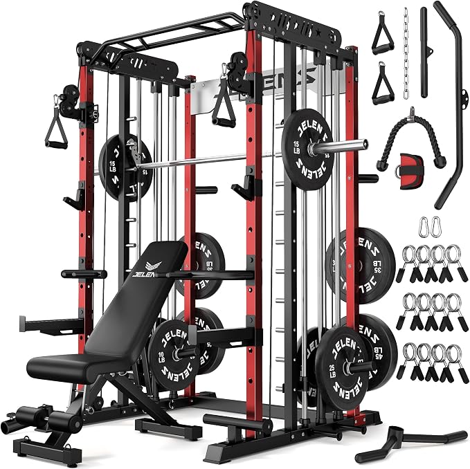 JELENS Smith Machine for Home Gym, Multi-Function M12 Power Cage with Cable Crossover System, Squat Rack with Smith Bar and More Attachment