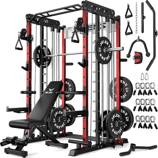 JELENS Smith Machine for Home Gym, Multi-Function M12 Power Cage with Cable Crossover System, Squat Rack with Smith Bar and More Attachment