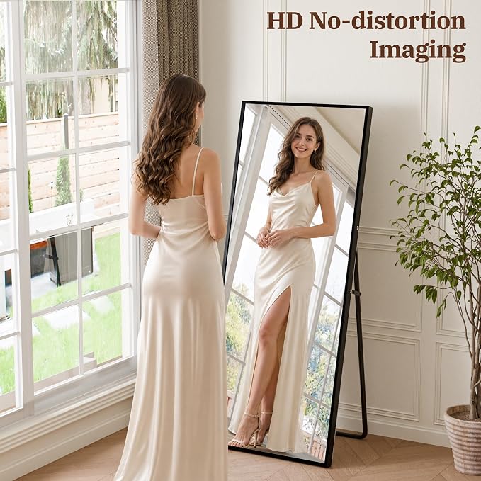 58"×18" Full Length Mirror, Shatterproof Tempered Glass Floor Mirror, Alum Alloy Thin Frame Standing Mirror with Freestanding/Leaning/Wall Mount for Bedroom, Living Room & Entryway, Black