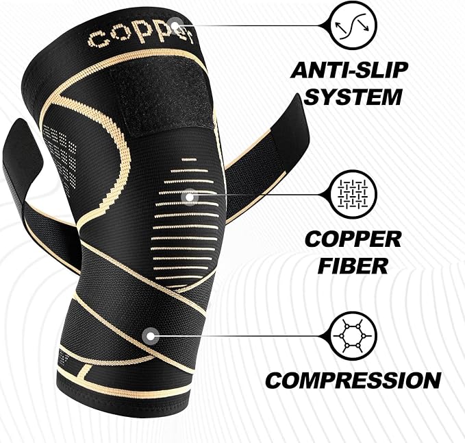 JHVW Copper Knee Brace for Women Men 2-Pack, Knee Compression Sleeve with Straps, Knee Braces for Knee Pain, Knee Support for Running Working
