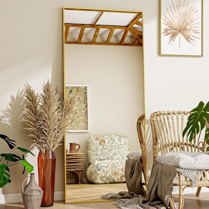 VooBang Mirror Full Length - 21" x 57" Floor Mirror with Stand Gold | Aluminum Alloy Frame Full Body Dressing Mirror, Standing Hanging or Leaning Against Wall for Bedroom and Living Room