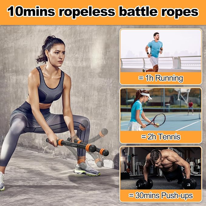 2PCS Adjustable Weighted Ropeless Battle Ropes, Heavy Duty Cordless Battle Rope for HIIT & Cardio Full-Body Workout Tool with Non-Slip Spiral Handles, Home Gym Equipment for Women & Men (Black)