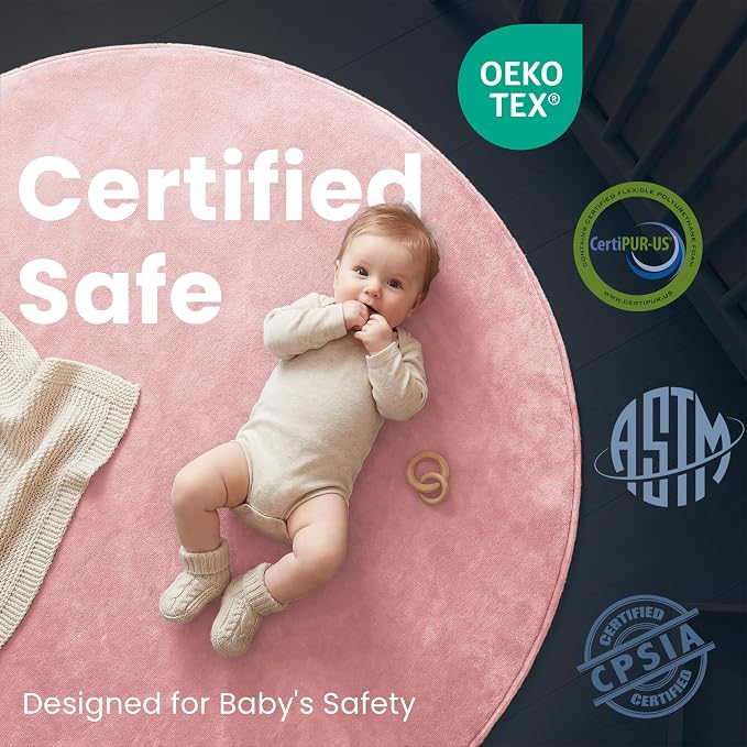 Baby Play Mat for Floor,1.3" Thick Elasti-Foam 47in Round Mat for Tummy Time,Non-Toxic Certified Water Repellent Soft Coral Velvet for Toddler,Infant,Kids,Non-Slip Backing Safe for Crawling(Pink)