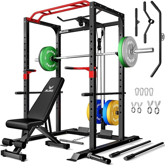 JELENS S11 Power Cage, 2000LB Multi-Function Power Rack with LAT Pulldown, Squat Rack with Adjustable Pulley System and Training Attachments, Weight Rack for Home Gym