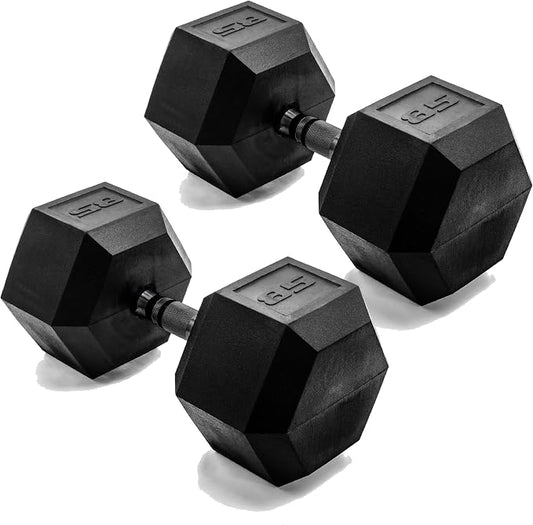 CAP Rubber Coated Dumbbell Weights, Free Weights for Home Gym Strength Training, Anti-Roll Hex Dumbbells with Black, Chrome & Comfort Grip Handles, Pairs & Sets