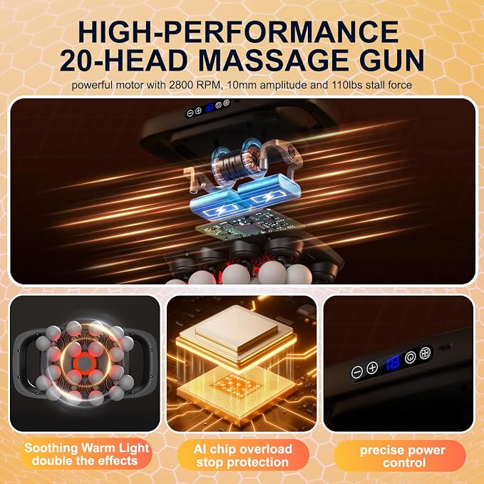Mekanic 20-Head Massage Gun Deep Tissue with Soothing Warmth, 3 Modes & 30 Intensities, Quiet Multi-Head Back Massager for Pain Relief, Electric Percussion Muscle Massager for Body, Neck,and Legs