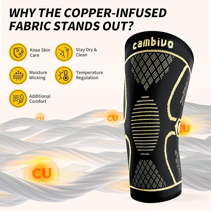 CAMBIVO 2 Pack Copper Knee Braces for Knee Pain, Knee Compression Sleeve for Men and Women, Knee Support for Meniscus Tear, Running, Weightlifting, Workout, ACL, Arthritis, Joint Pain Relief (Gold, Small)