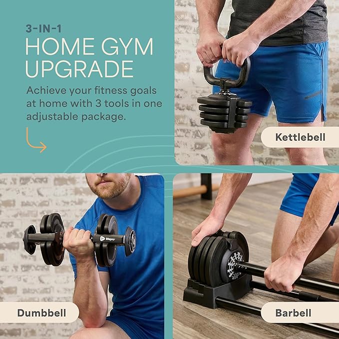 LifePro Adjustable Dumbbells, Single or 2pcs, Up to 55 lbs & 3-in1 option | Quick-change weight system with included rack — available in options from 2.5 to 55 lbs for every fitness level