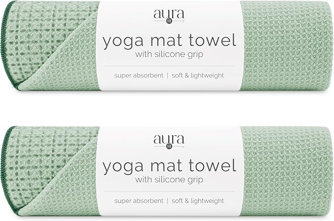S&T INC. Aura Microfiber Yoga Mat Towel with Grip, 2 Pack, 24" x 72", Green | Silicone Grip Backing, Soft and Absorbent, Quick-Dry for Gym, Pilates, and Hot Yoga, Compact for Gym Bag, Machine Washable