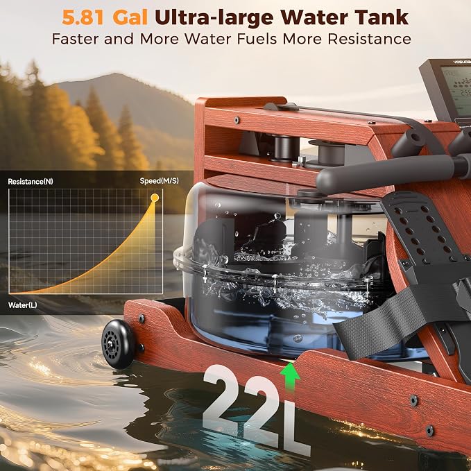 YOSUDA Water Rowing Machines for Home Use - Wooden Foldable Immersive Water Rower Machine 400LBS Weight Capacity with Dedicated Monitor & Bluetooth APP, Large Tank, Comfortable Seat