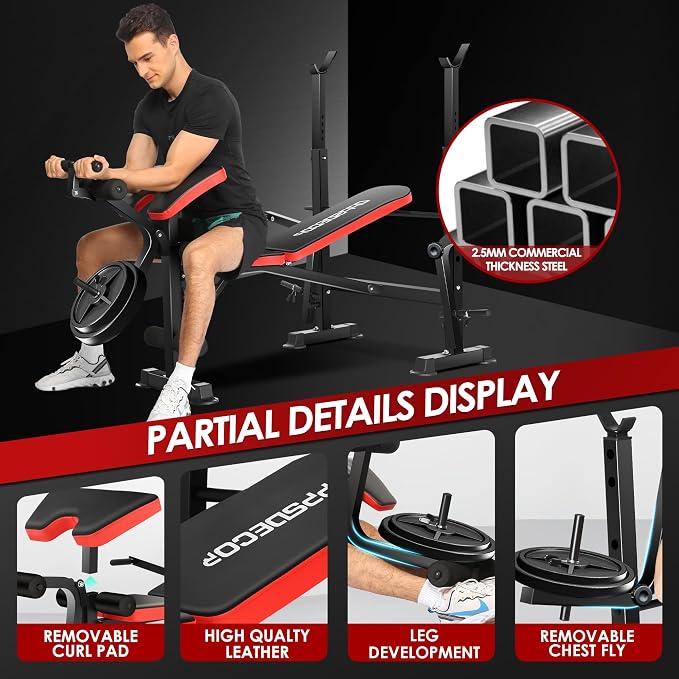 OPPSDECOR 900LBS Weight Bench Set Adjustable Workout Bench for Home Gym | Bench Press, Incline Press, Squat Rack, Leg Developer, Preacher Curl Pad, Fits 6-7ft Barbells, 2-Second Fold, 38-in Rear Rack