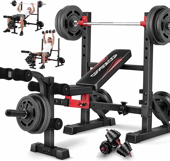 OPPSDECOR Adjustable Olympic Weight Bench with Rack & Leg Curl Sliding Seat | Fits Up to 6'4" 900LBS Heavy Duty Foldable Bench Press Set for Home Gym Flat Incline Decline Workout Bench for Tall People