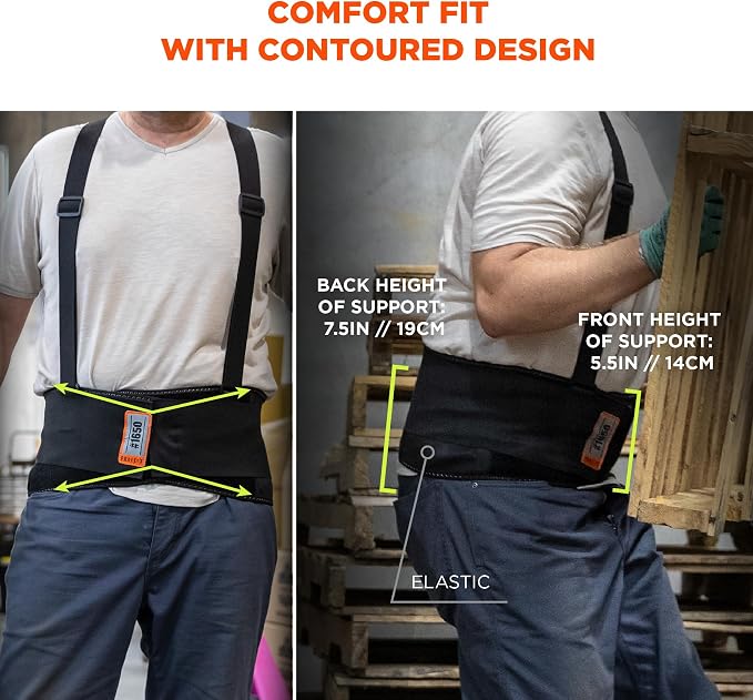 Ergodyne ProFlex 1650 Back Support Belt, 7.5" Elastic, Adjustable, Removeable Straps, Black, 2X-Large