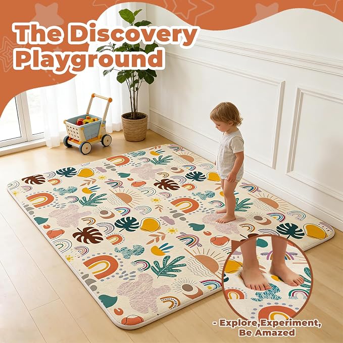 Baby Play Mat for Floor, 71'' x 59'' Thicken Foam Soft Padded Playmat for Tummy Time, Playpen Mat for Toddlers Infant Kids, Water-Repellent Coral Velvet, Non-Slip Bottom Safe for Crawling (Boho)