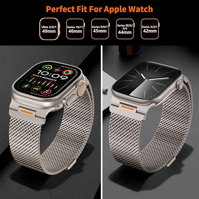 Bands Compatible with Apple Watch Ultra 3/2/1 Band 49/46/45/44mm | Milanese Loop Magnetic Stainless Steel Strap for iWatch Ultra SE 3/2/1 Series 11 10 9 8 7 6 5 4 3 2 1 Men, Titanium