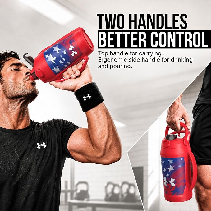Under Armour Insulated Water Bottle with Handle & Fence Hook, Half Gallon Sports Water Jug, Leak-Resistant & BPA-Free for Baseball, Football & Gym - Red Americana, 64oz