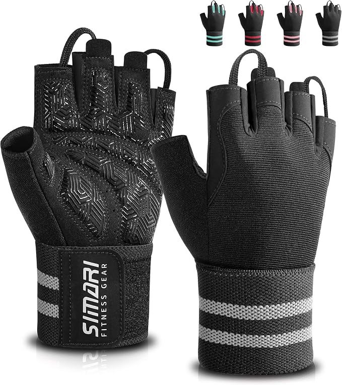 SIMARI Workout Gym Gloves for Men Women, Weight Lifting Gloves with Wrist Wrap Support, SBR Pad Grip for Full Palm Protection, for Exercise, Fitness, Dumbbells, Barbell, Climbing, Fingerless