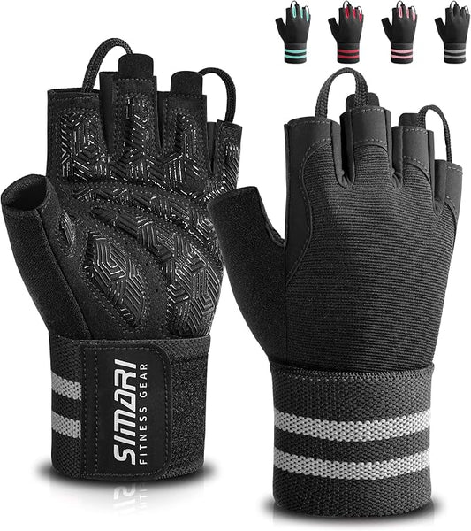SIMARI Workout Gym Gloves for Men Women, Weight Lifting Gloves with Wrist Wrap Support, SBR Pad Grip for Full Palm Protection, for Exercise, Fitness, Dumbbells, Barbell, Climbing, Fingerless