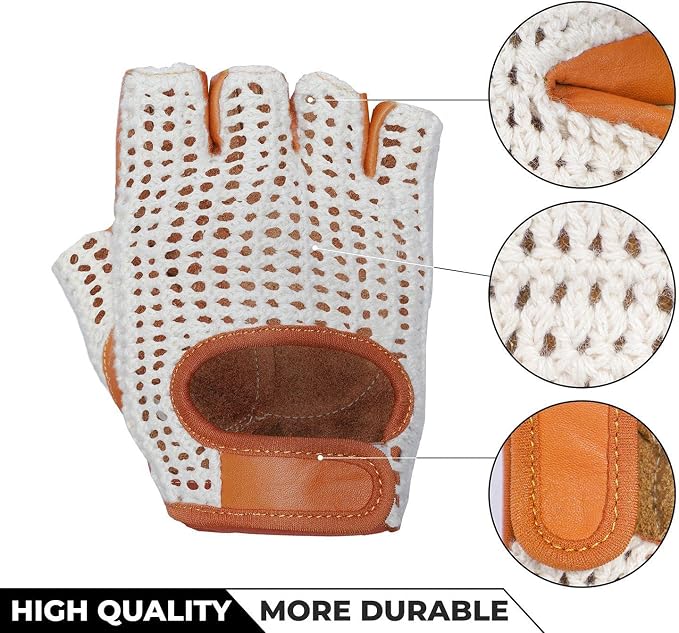 Retro Leather Crochet Cycling Gloves - Classic Tan