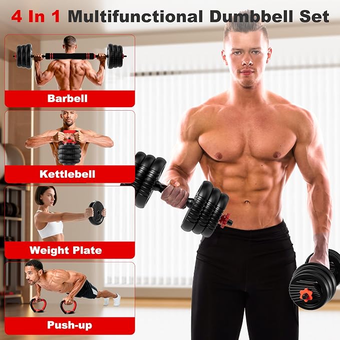 Adjustable Dumbbell Set,20/30/45/70/90lbs Free Weight with Connector | 5 in1 Dumbbells Set Used as Barbell, Kettlebells, Push up Stand,Weight Plate, Fitness Exercises for Home Gym