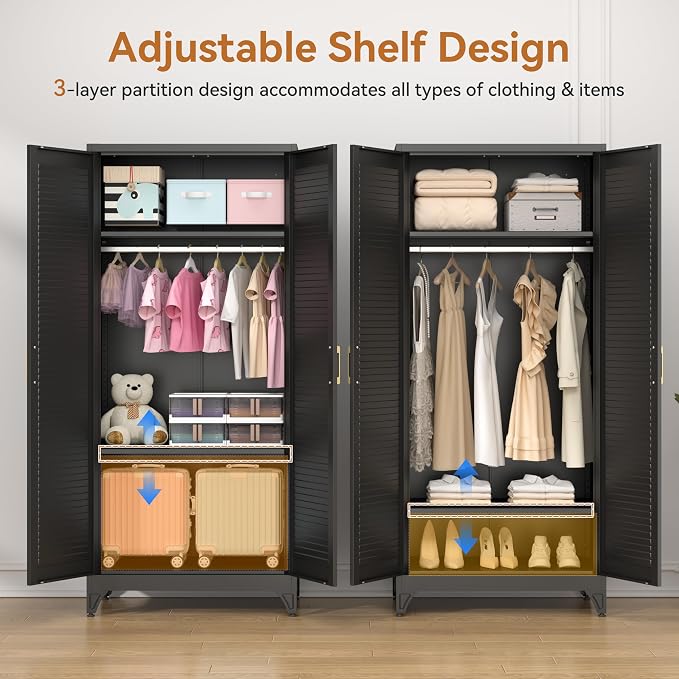 Polup 71" Tall Metal Armoire Wardrobe Closet with 2 Doors | Heavy Duty Steel Clothing Storage Cabinet with Hanging Rod & Adjustable Shelves, Locker Organizer for Bedroom, Office, Black
