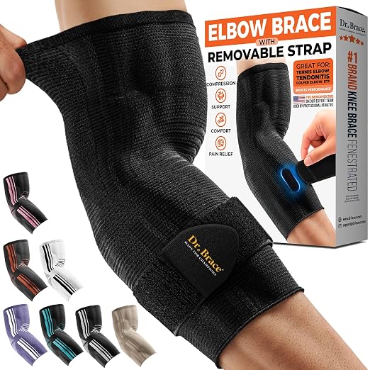DR. BRACE® Elite Elbow Brace Support with Removable Strap for Women & Men, Pain Relief for Tendonitis, Arthritis, Golfer's & Tennis Elbow Treatment, Elbow Sleeve for Workouts Weightlifting (Black, Small)