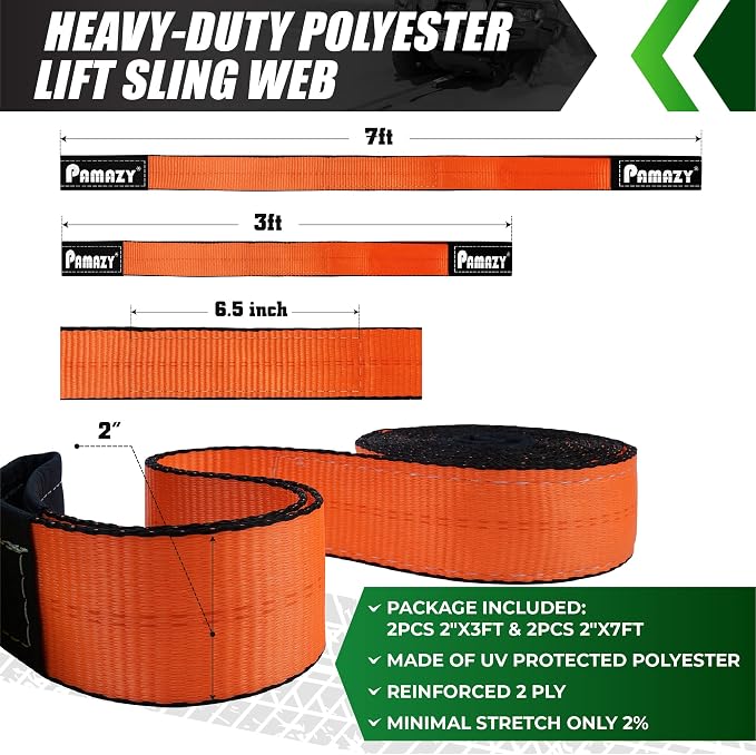 2”x3FT & 2”x7FT Sturdy Lift Sling Strap, 18800lbs Heavy Duty Web Sling-4PCS | Eye-Eye Nylon Strap for Hoist, 2-Ply Polyester Rigging Straps, Tree Saver Recovery Straps Web Sling Winch