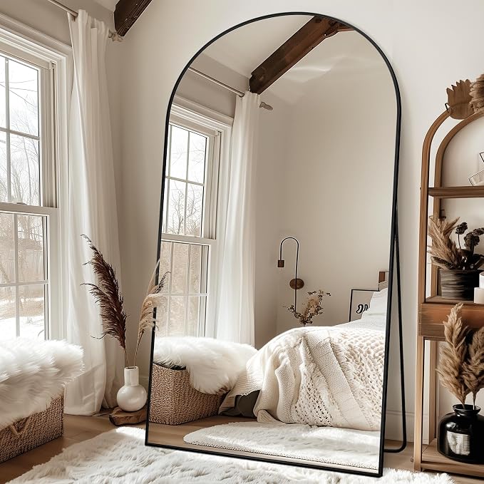 Antok 86" x46” Arched Full Length Floor Mirror, Black Aluminum Frame, Free Standing/Wall Mount/Leaning for Bedroom, Living Room, Dressing Room
