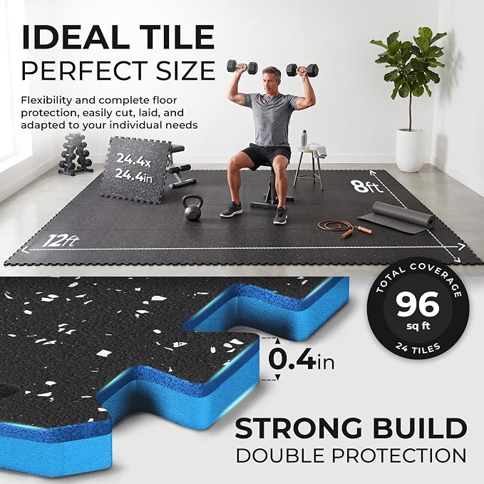 bemaxx Gym Mats Set - 24 pcs EVA Interlocking Foam Floor Tiles (24.4"x24.4"x0.4") 96 sqft Protective Gym Flooring Sports Home Workout Exercise Mats Puzzle Garage Fitness Play-Room Pool Treadmill Bike