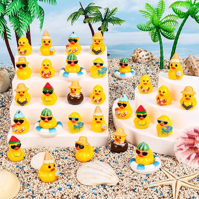 120 Pcs Summer Mini Resin Ducks 10 Beach Vacation Styles Tiny Cruise Ducks to Hide Miniature Hawaii Duck Figurines for Pool Party Favors DIY Crafts Cake Toppers Fairy Garden Aquarium Desk Decor