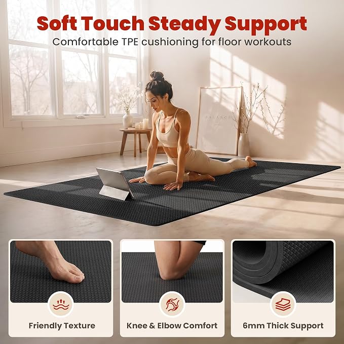 THAILE Large Exercise Mat, 7'x5'/6'x4'/8'x5', 6mm Workout Mat for Home Gym | Heavy-Duty & Shoe-Friendly Large Yoga Mat: Textured grip and cushioning support cardio, Pilates, stretching workouts