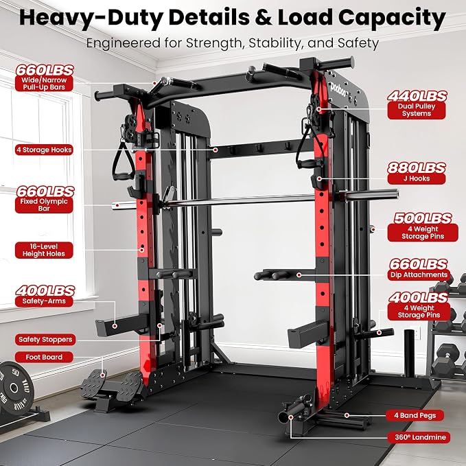 pooboo Multi-Functional Machine Power Cage, 2000LB Squat Rack, LAT-Pull Down System, Dual Pulley Cable Crossover System, Home Gym Workout Machine with Strength Training Attachments