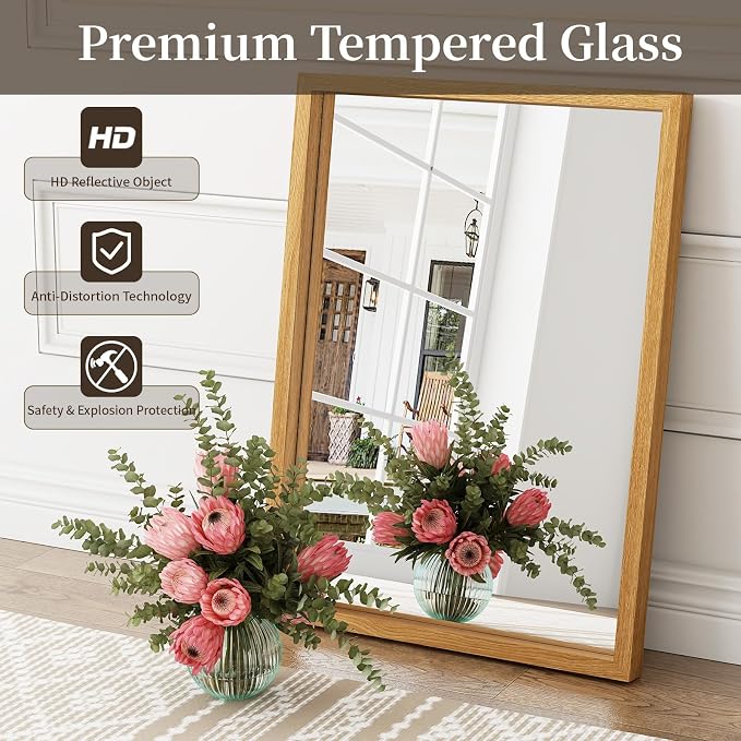 Syndra Natural Wood Frame Bathroom Mirror, 22x30'' Modern Vanity Mirror for Wall, Waterproof Slim Deep Frame, Rectangular HD Tempered Glass Mirror for Living Room, Bedroom, Entryway, Rustic, Farmhouse